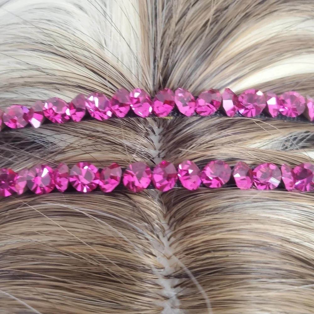 Double Hot Pink Crystal Black Metal Base Hairband